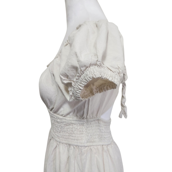 💐Vtg Cottagecore Dress MED Cream Midi Smocked Milk Maid Prairie Boho Peasant - Picture 4 of 14